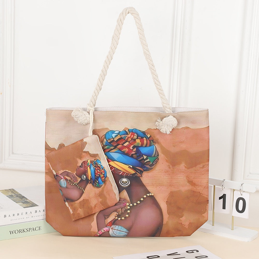 Tote cartoon printed portable beach bag African lady2