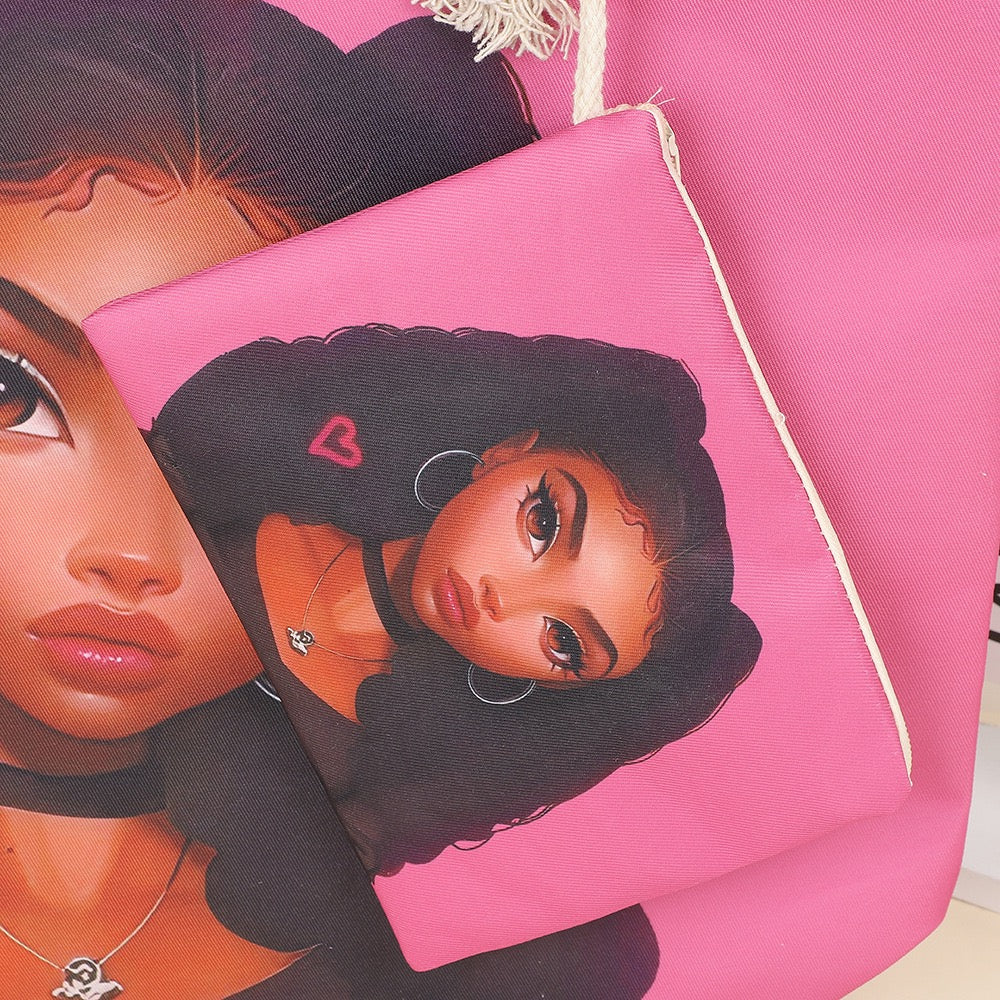 Tote cartoon printed portable beach bag pink 2