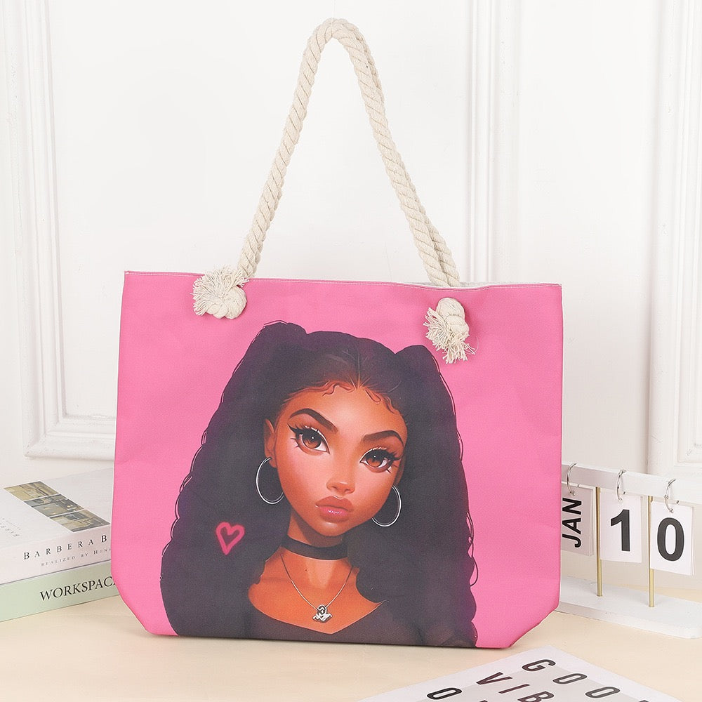 Tote cartoon printed portable beach bag pink 2