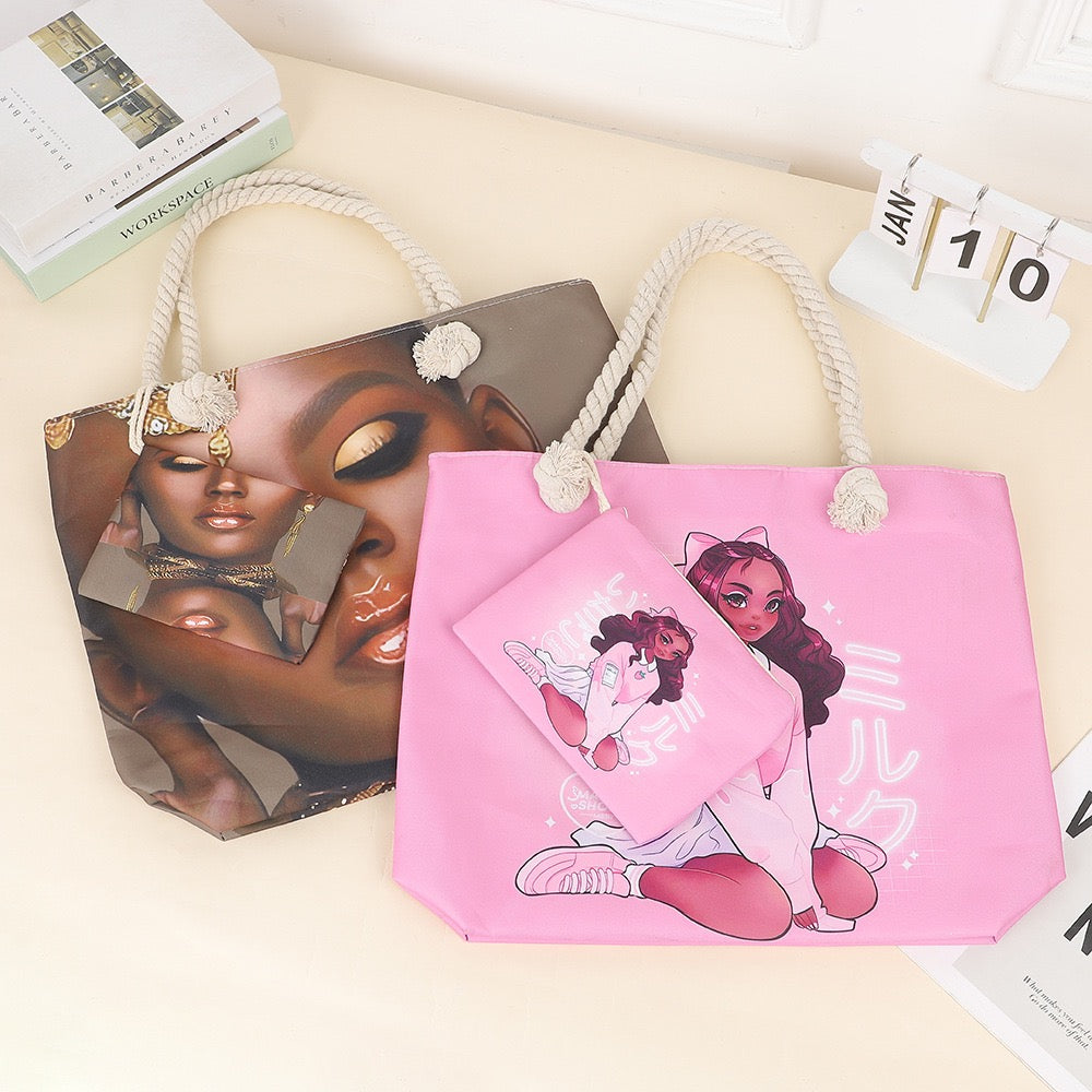 Tote cartoon printed portable beach bag pink on white