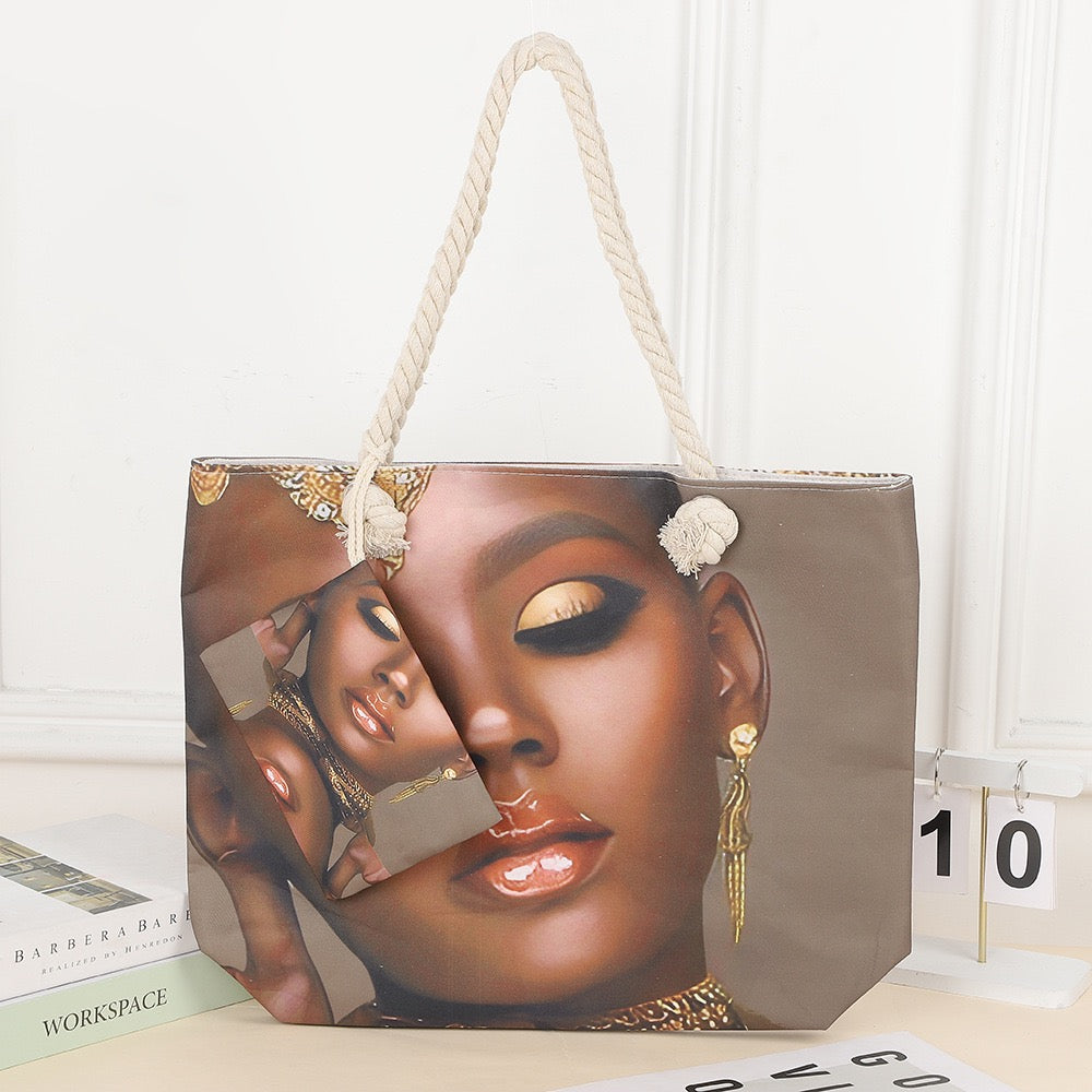 Tote cartoon printed portable beach bag African lady