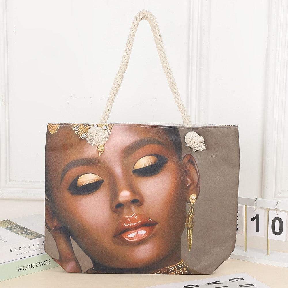 Tote cartoon printed portable beach bag African lady