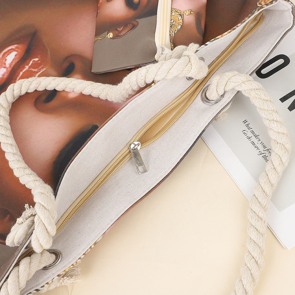 Tote cartoon printed portable beach bag African lady