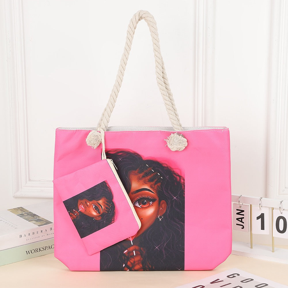 Tote cartoon printed portable beach bag pink