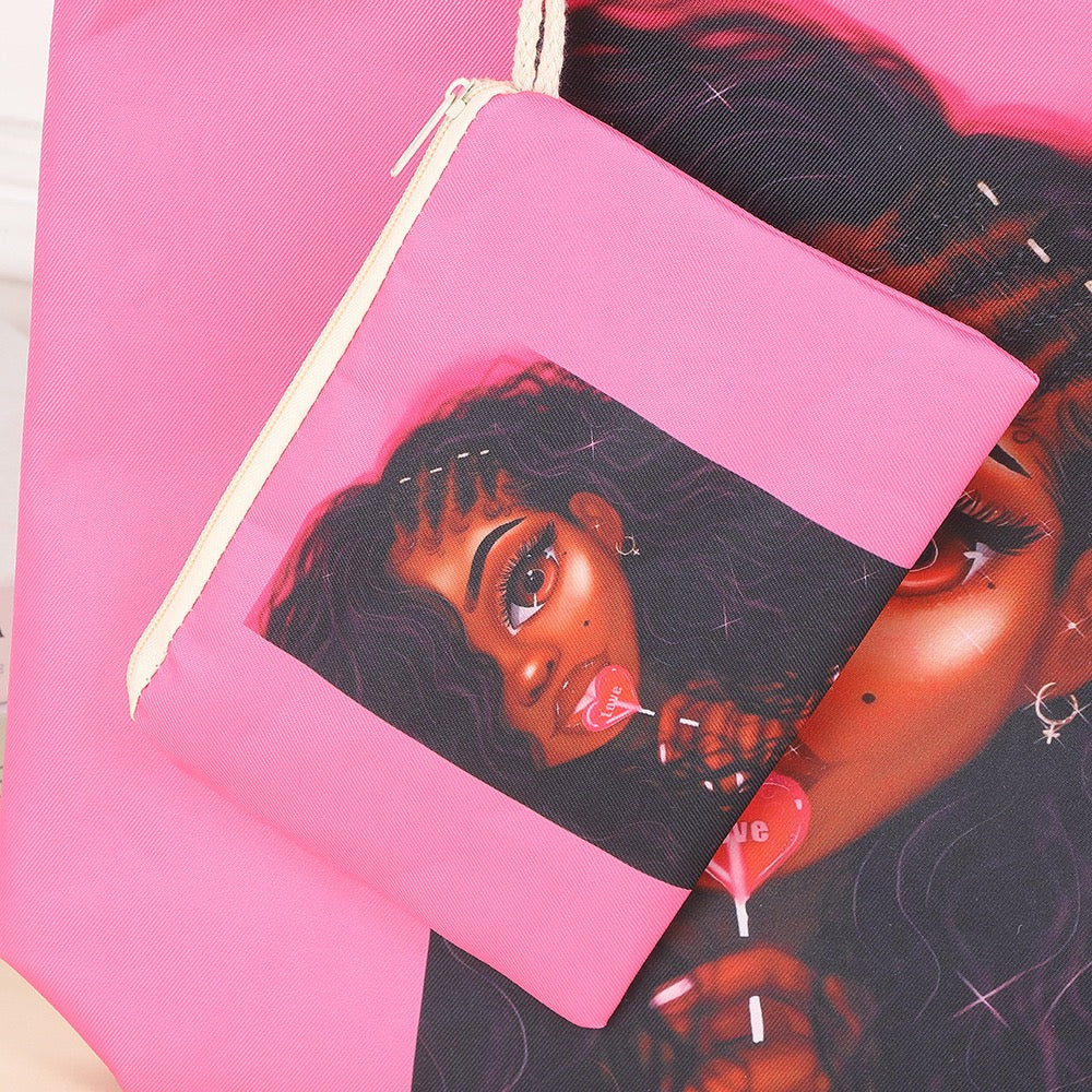 Tote cartoon printed portable beach bag pink