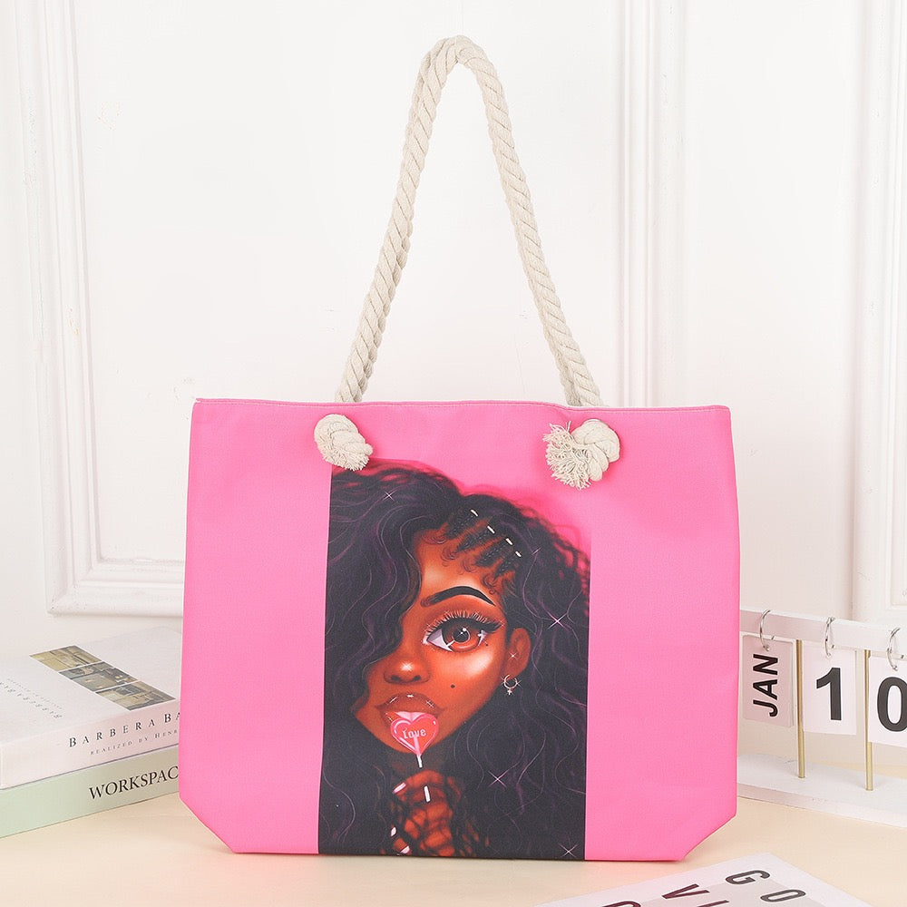 Tote cartoon printed portable beach bag pink