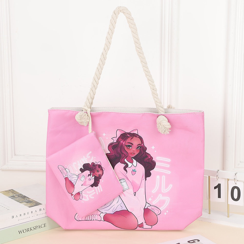 Tote cartoon printed portable beach bag pink on white