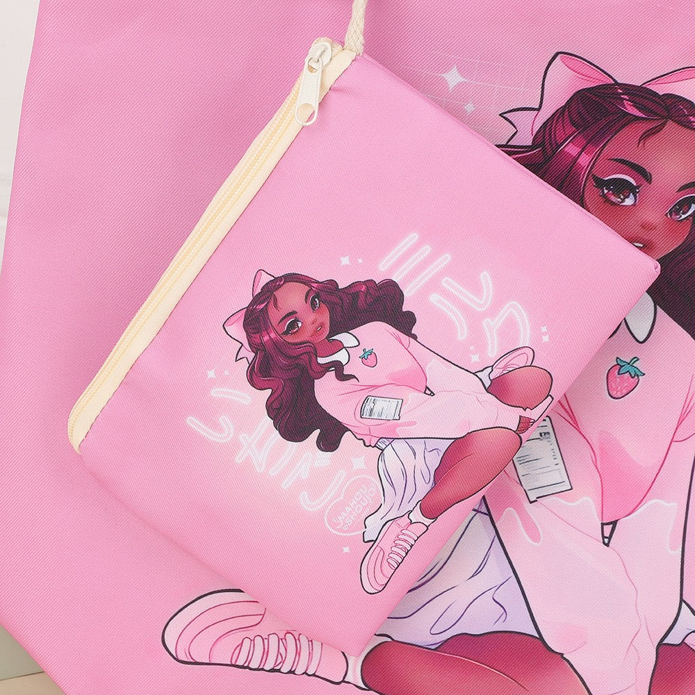 Tote cartoon printed portable beach bag pink on white