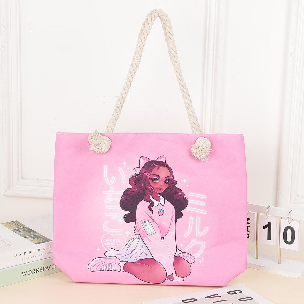 Tote cartoon printed portable beach bag pink on white