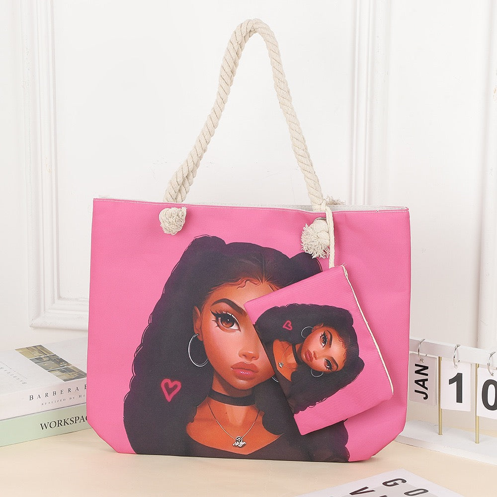 Tote cartoon printed portable beach bag pink 2